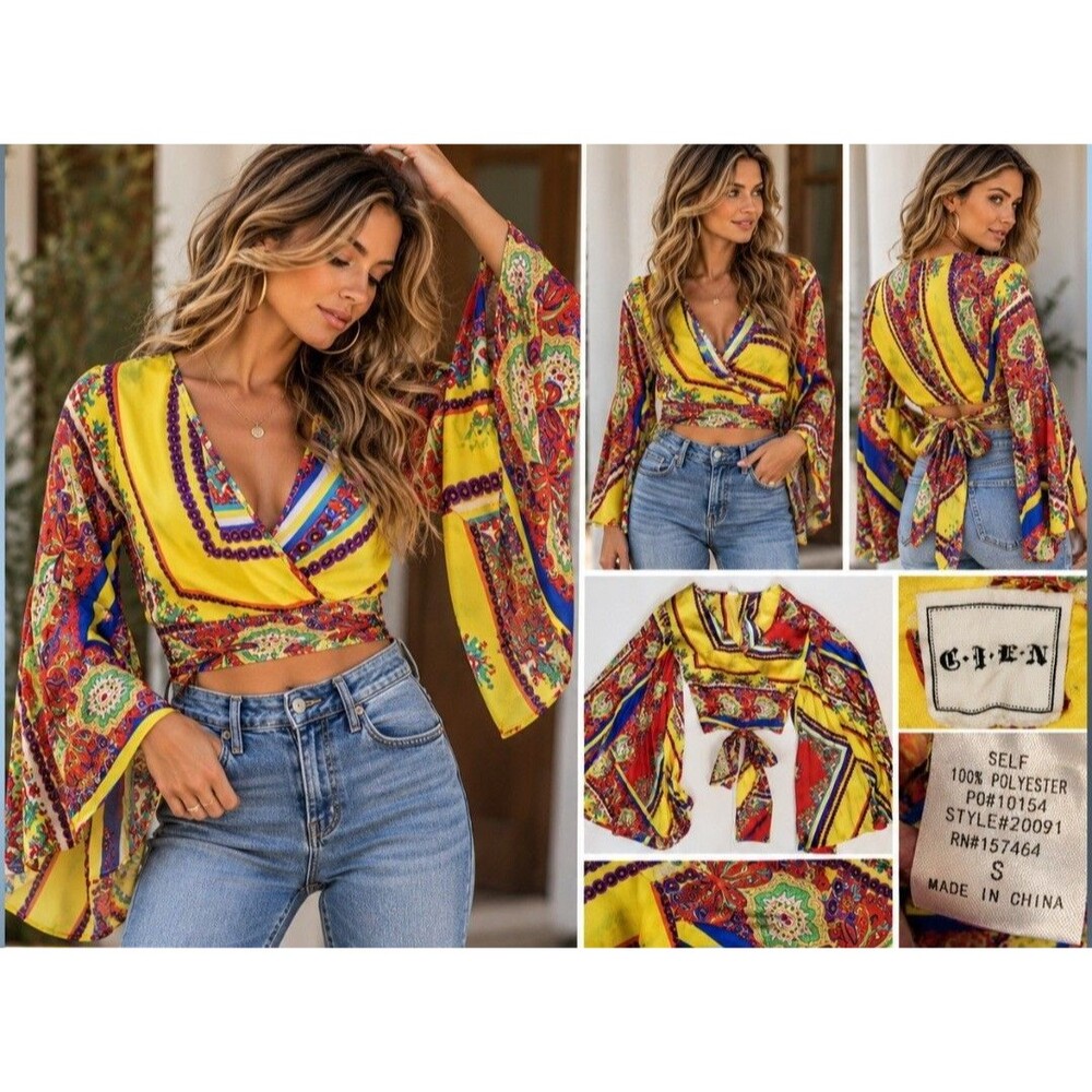 C.I.E.N. Paisley Wrap Crop Blouse Boho Bell Sleeve Multicolor Sz Small
